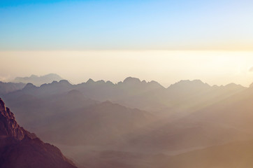 View from the mountain of Moses, a beautiful sunrise in the mountains of Egypt