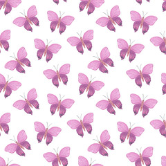 Pink and violet watercolor tender butterflies repeat pattern on the white background, seamless simple hand drawn ornament, summer nature souvenirs for textile, scrapbooking, gift paper