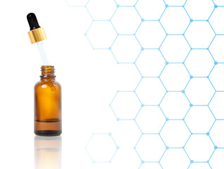 Organic oil in brown bottle. Over white background with hexagon lines.
