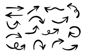Vector set of arrows pointing in different directions. Hand drawn, doodle elements isolated on white background