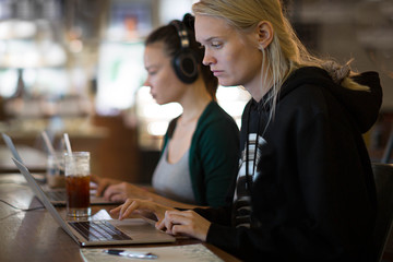 People studying on the computer. Working at home career.