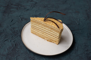 honey cake decorated with spirals of chocolate;  sweet biscuit dessert on plate  (horizontally)