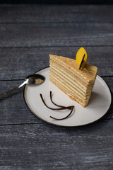 a piece of honey cake on a plate with a decor of yellow and dark chocolate with spoon (honeycomb) (vertically).