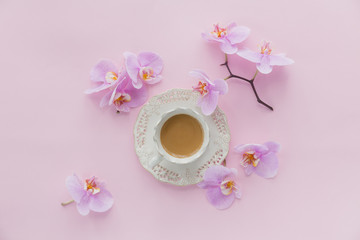 Flower overhead composition on light pink background top view. Cup of coffee and pink orchid flowers