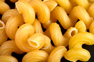 Raw Pasta, Spaghetti, Cannelloni, Farfalle, Campanella, Cavatappi, Conquilla, Fettuccine, Lasagna, Penne, Tagliatelle, on a black background