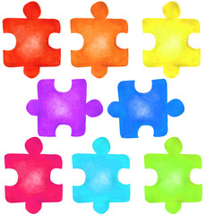 Fototapeta premium Set of colorful jigsaw puzzles isolated on white background. Symbol of autism awareness day. Watercolor hand drawn illustrations in cartoon realistic style. Concept og children games, education.