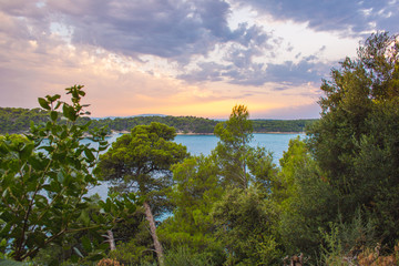 Views of coastline from Komrcar city park in Rab town on Rab island, Croatia