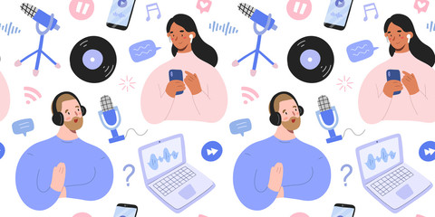 Podcast pattern, hand drawn collage illustration with podcast hosts and listeners with blogging and vlogging equipment for podcast show, microphones, notebook, vector seamless background
