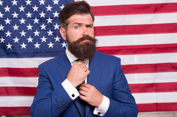 american politician in the election. his election campaign. Bearded businessman being patriotic for...