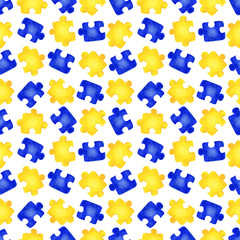 Seamless pattern with yellow and blue jigsaw puzzles on white background. Watercolor hand drawn illustration in cartoon style. Autism awareness day. Ukraine symbol, team building, business.