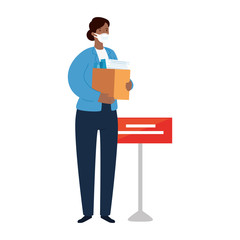 woman unemployment concept, company worker holding stuff in box, from coronavirus crisis covid 19 vector illustration design