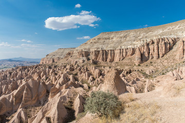 Volcanic formations in Red valley, Cappadocia, Nevsehir, Turkey.