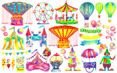 Amusement park hand drawn set. Circus and carnival theme. Ferris wheel, fair ride, carousels, attraction, air ballons, clowns and other colorful watercolor illustration isolated on white background