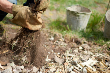 Close up shot hands in gloves in greenhouse holding soil. Gardening and building concept.