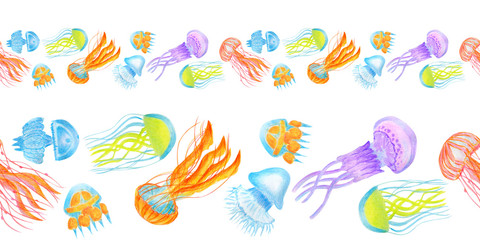 Seamless border with colorful jellyfish isolated on white background. Concept of deep sea and ocean underwaterlife, summer vacation and rest, animal medusa. Watercolor hand drawn illustration.