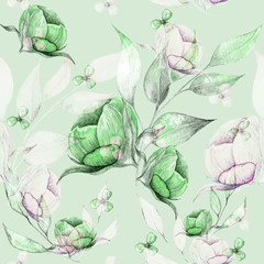 Watercolour hand drawn peonies with branches seamless pattern. Pastel colours summer fresh pastel background.