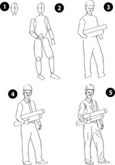 Drawing learn step by step tutorial techniques people occupations set with professions jobs business working trade career for kids workbook isolated background. Vector illustration civil engineer