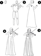 Drawing learn step by step tutorial techniques people occupations set with professions jobs business working trade career province for kids workbook isolated background. Vector illustration musician