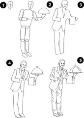Drawing learn step by step tutorial techniques people occupations set with professions jobs business working trade career province for kids workbook isolated background. Vector illustration waiter