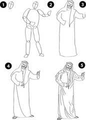 Drawing learn step by step tutorial techniques people occupations set with professions jobs business working trade career province for kids workbook isolated background. Vector illustration arab man