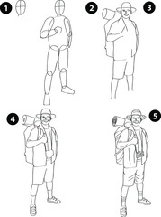 Drawing learn step by step tutorial techniques people occupations set with professions jobs business working trade career province for kids workbook isolated background. Vector illustration tourist
