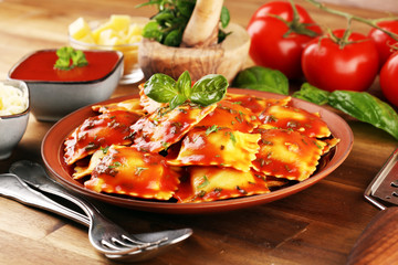 Ravioli with tomato sauce and basil. Fresh homemade ravioli