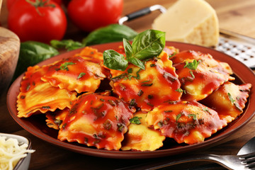 Ravioli with tomato sauce and basil. Fresh homemade ravioli