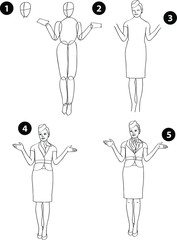 Drawing learn step by step tutorial techniques people occupations set with professions jobs business working trade career province for kids workbook isolated background. Vector illustration hostess