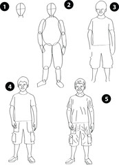 Drawing learn step by step tutorial techniques people occupations set with professions jobs business working trade career province for kids workbook isolated background. Vector illustration boy