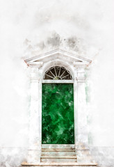 Green Door Watercolor Painting