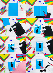 Happy Father's day.I love dad. Making greeting card.Child draws a black tie and blue shirt. DIY concept. Step-by-step photo instruction.Flat lay.Top view. Step 1-8