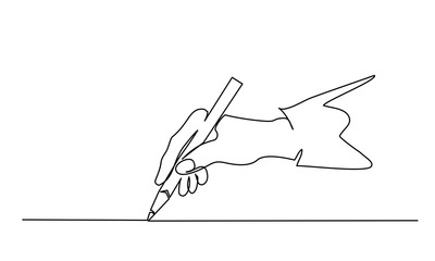 Hand holding pen, pencil and drawing. Continuous one line drawing