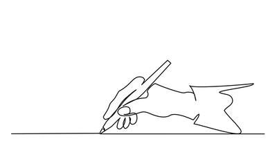 Hand holding pen, pencil and writing. Continuous one line drawing