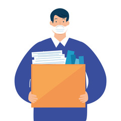 man unemployment concept, company worker holding stuff in box, from coronavirus crisis covid 19 vector illustration design