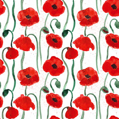 Fototapeta premium Watercolor seamless pattern with red poppies on a white background
