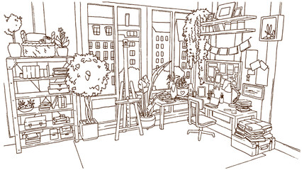 Outline artist working place. Cozy room sketch. Vector interior hand drawn illustration. Coloring book page.