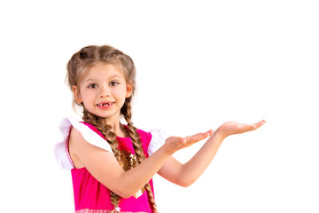 A little girl with pigtails holds out her hands and shows you a place to copy your product.