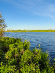 Pond, lake, fishing. A place for fishing. Quiet, calm lake, spinning fishing process.