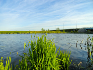 Pond, lake, fishing. A place for fishing. Quiet, calm lake, spinning fishing process.