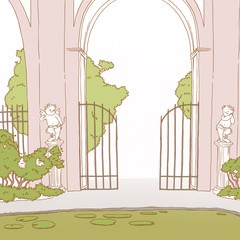 Hand drawn vintage style entrance with gates and cupid statues. Cartoon victorian fence with trees and bushes. Colorful illustration.