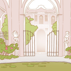 Vintage style cartoon entrance with gates and cupid statues. Rich mansion in background. Victorian yard with trees and bushes. Colorful hand drawn illustration.