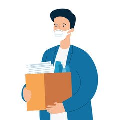 man unemployment concept, company worker holding stuff in box, from coronavirus crisis covid 19 vector illustration design