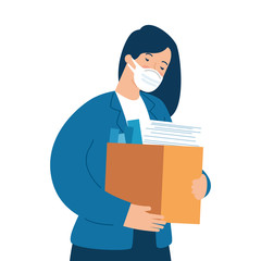 woman unemployment concept, company worker holding stuff in box, from coronavirus crisis covid 19 vector illustration design