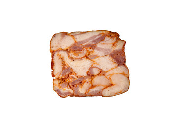 Slices of bacon in the shape of a sausage lie on a white background. Isolated.