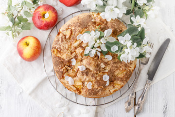 Apple pie Classic american dessert. Homemade baking on a wooden background. Red apples near the pie