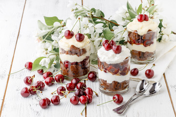 Trifle dessert made with fruit, a thin layer of sponge fingers soaked in sherry with chocolate, coffee or vanilla.