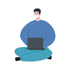man using protective surgical mask with laptop vector illustration design