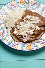 Mexican mole enchiladas with rice on turquoise background