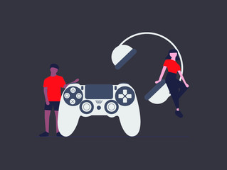 Male and female figures sitting on oversized gaming devices.