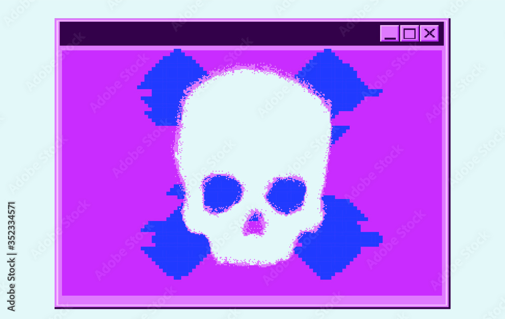 Poster Alert notification on computer in retro pixel art style. Malware caution concept, fraud internet error, insecure risk dangerous connection, online scam, virus ransomware note.